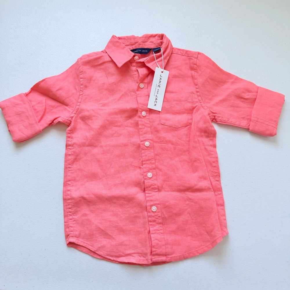 Janie & Jack 100% Linen Coral Button Down Long Sleeve Shirt Size 4 NWT